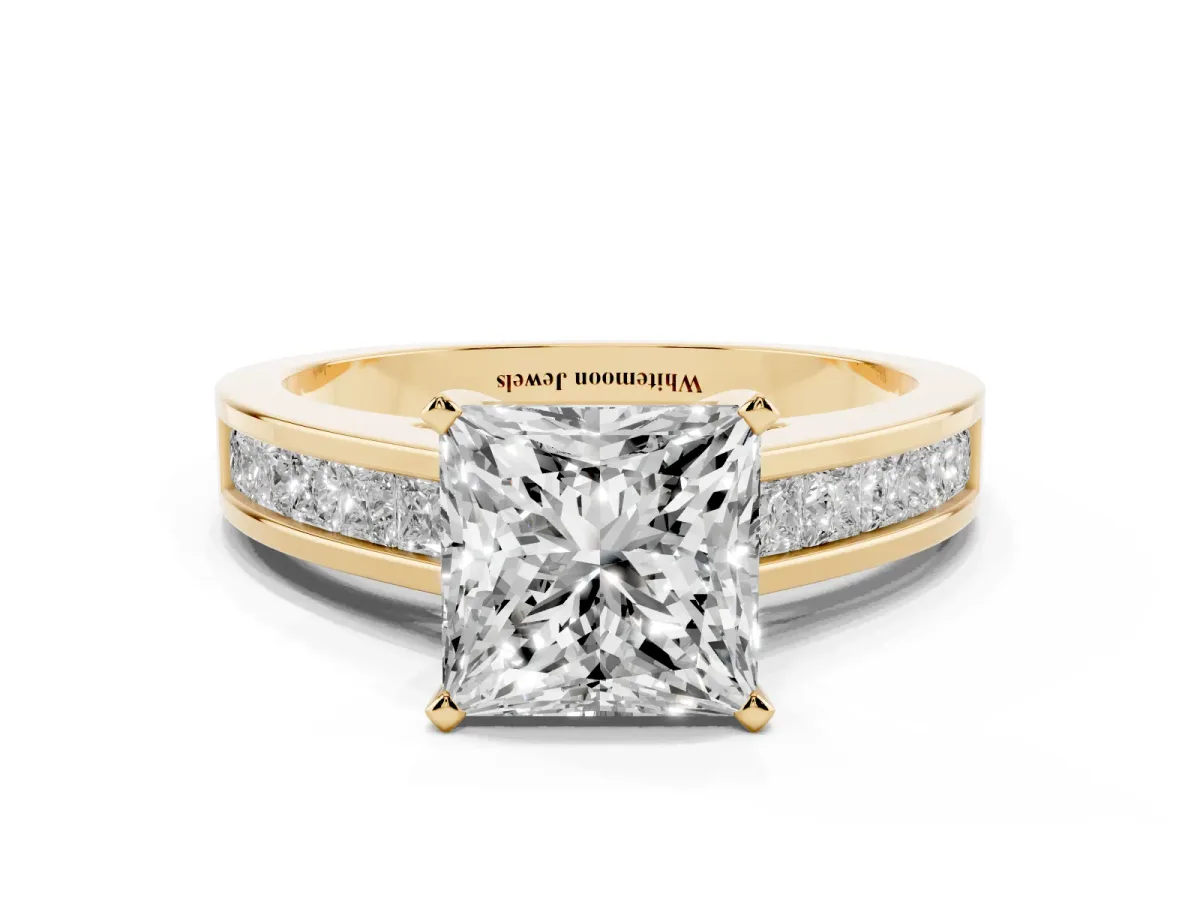 Princess Cut Solitaire Diamond Ring with Channel-Set Band and Four-Prong Setting Yellow gold