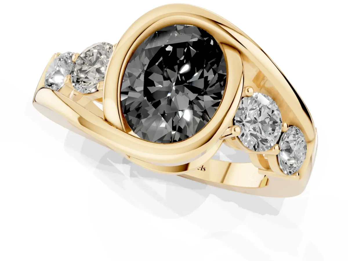 Fancy Black Bezel Set Oval Cut Diamond Bypass Ring with Round Accents Yellow gold