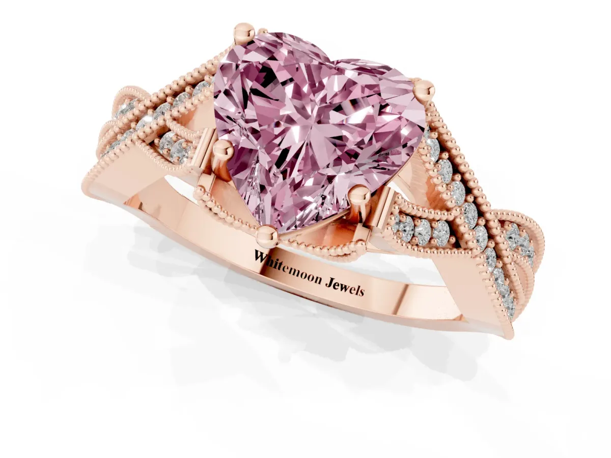Fancy Pink Heart Cut Cut Diamond Twisted Band with Milgrain Pave Setting and Four-Prong Setting Rose gold