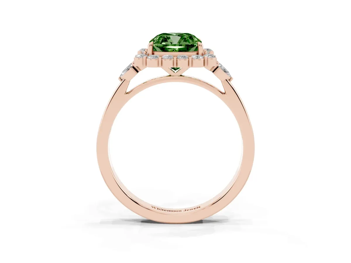Fancy Green Cushion Cut Diamond Halo Ring with Pear Side Stones and Prong Setting Rose gold