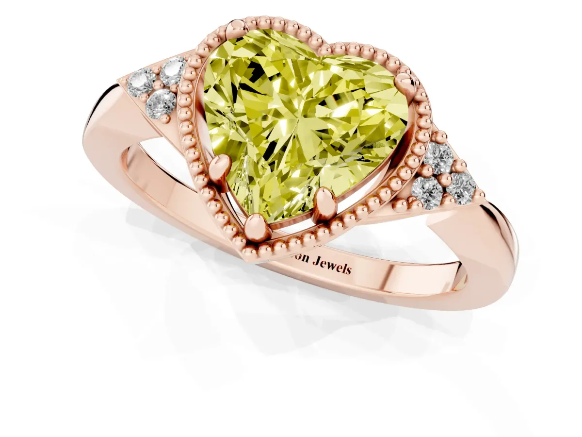 Fancy Yellow Heart Cut Diamond Halo Ring with Tapered Band and Four-Prong Setting Rose gold