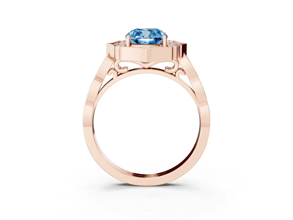 Fancy Blue Cushion Cut Halo Diamond Engagement Ring with Milgrain Band and Four-Prong Setting Rose gold