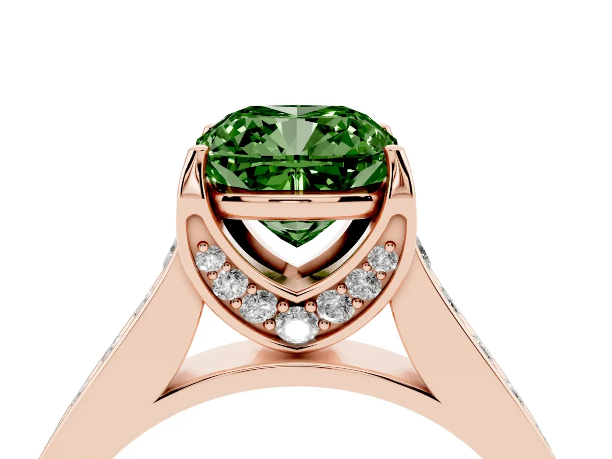 Fancy Green Cushion Cut Brilliant Cut Diamond Engagement Ring with Pavé Band and Four-Prong Setting Rose gold