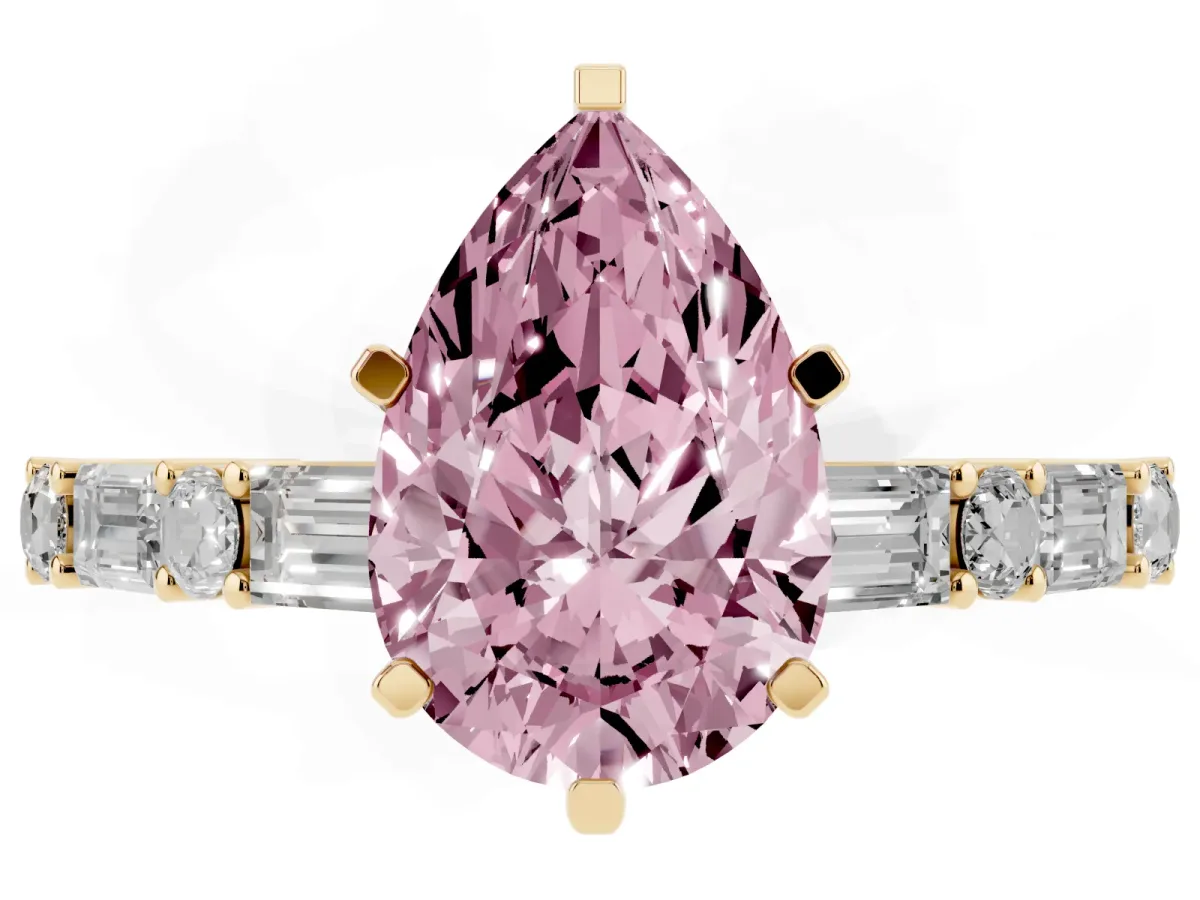 Fancy Pink Pear Cut Diamond Solitaire with Side Baguettes and Channel Set Band Yellow gold