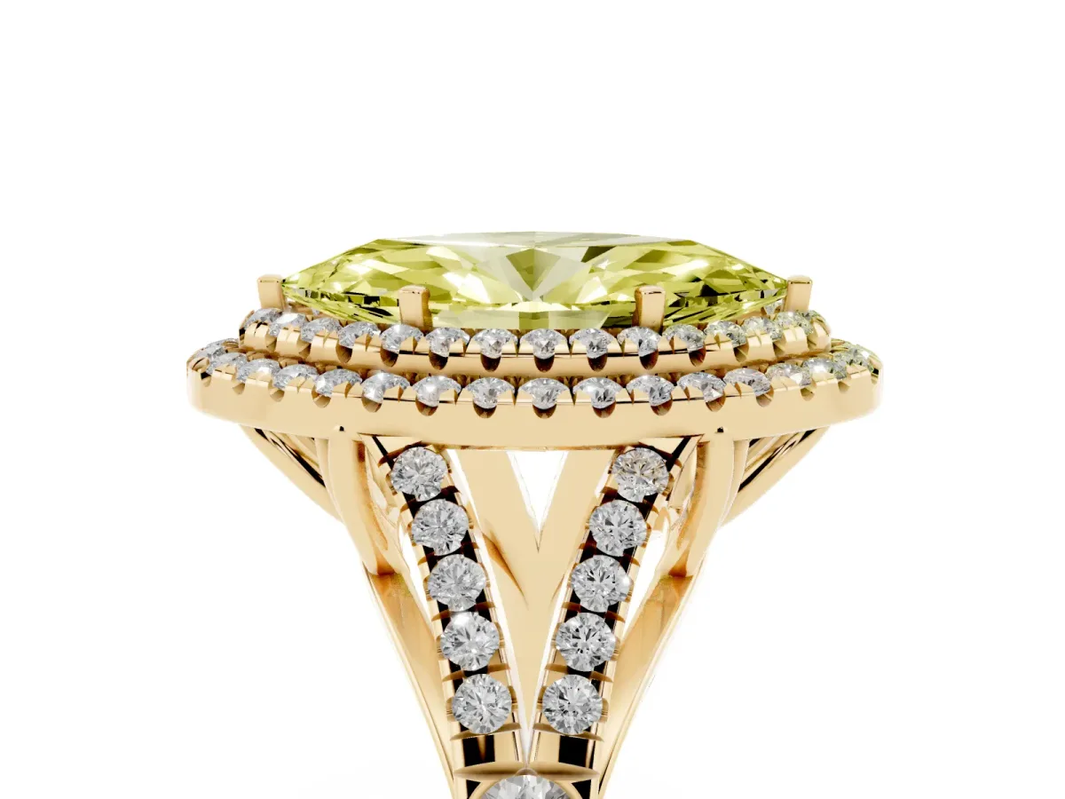 Fancy Yellow Double Halo Marquise Cut Diamond Split Shank Engagement Ring with Four-Prong Setting Yellow gold