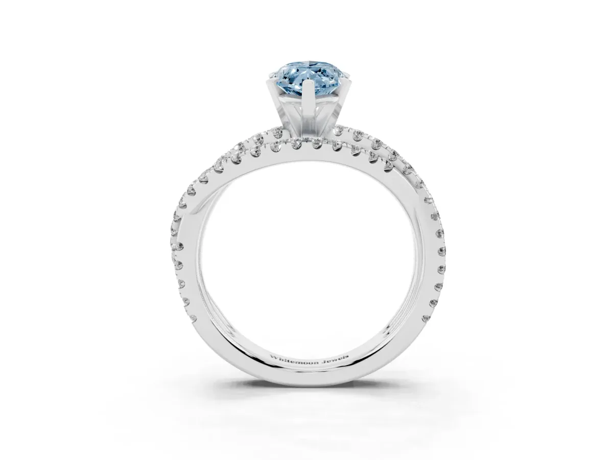 Fancy Blue Marquise Cut Solitaire Twist Band with Pavé Setting and Four-Prong Setting Silver