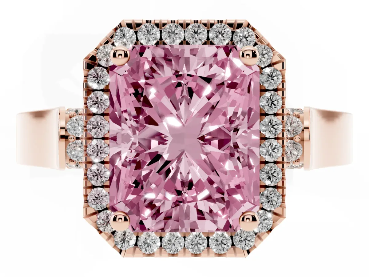 Fancy Pink Radiant Cut Halo Pave Split Shank Prong Setting Ring Rose gold