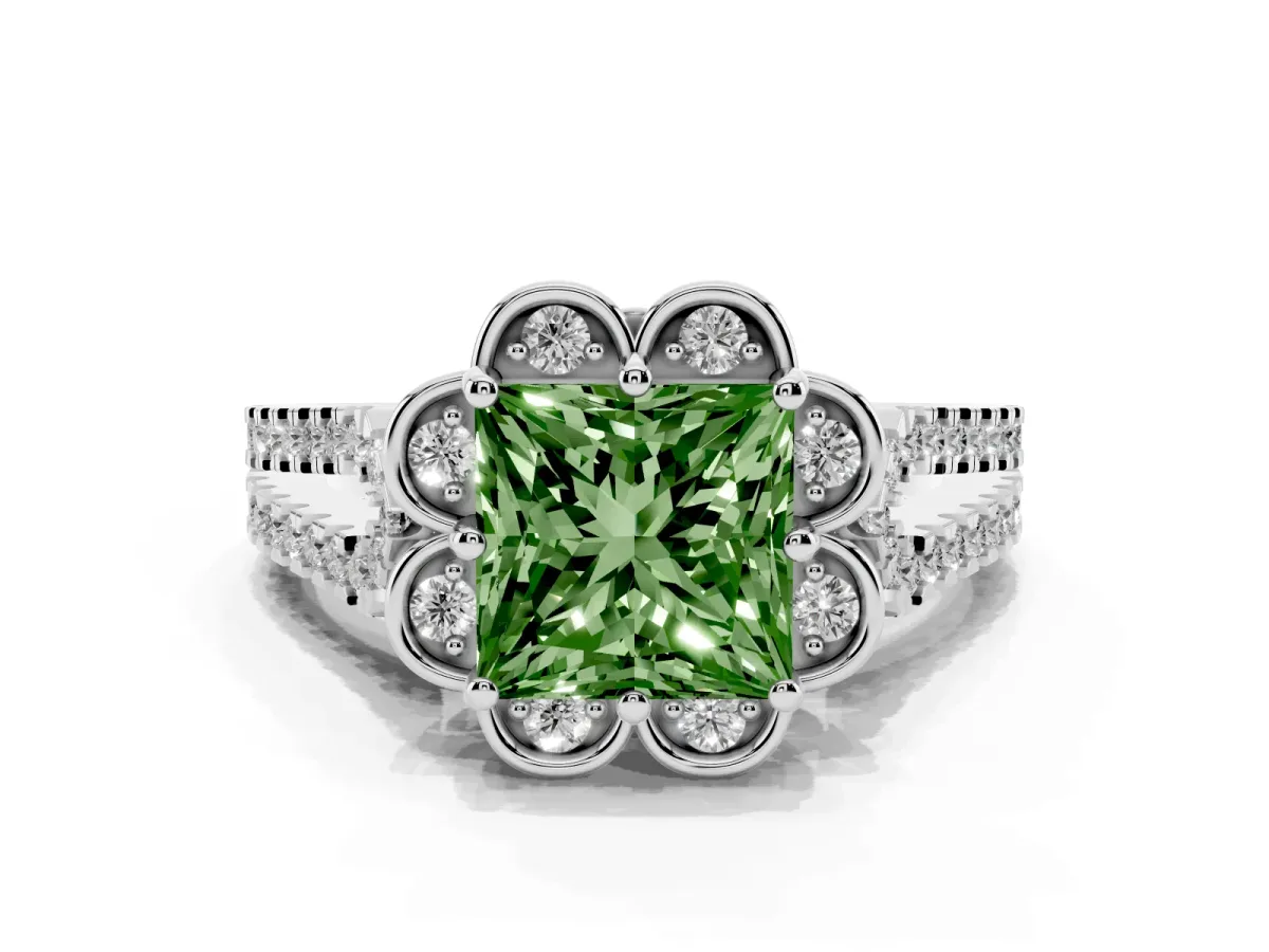 Fancy Green Princess Cut Halo Diamond Floral Split Shank Engagement Ring Silver