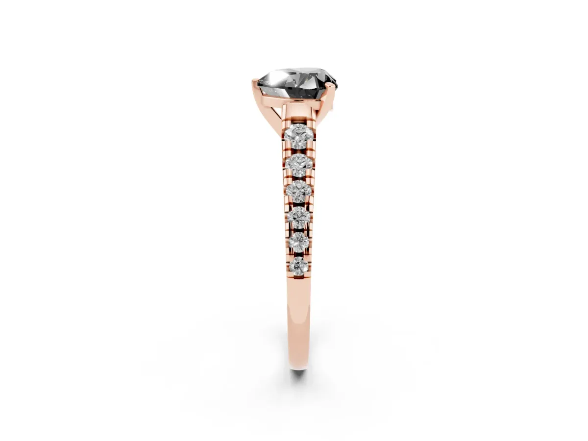 Fancy Black Heart Cut Diamond Cathedral Solitaire Ring with Round Pavé Band Rose gold