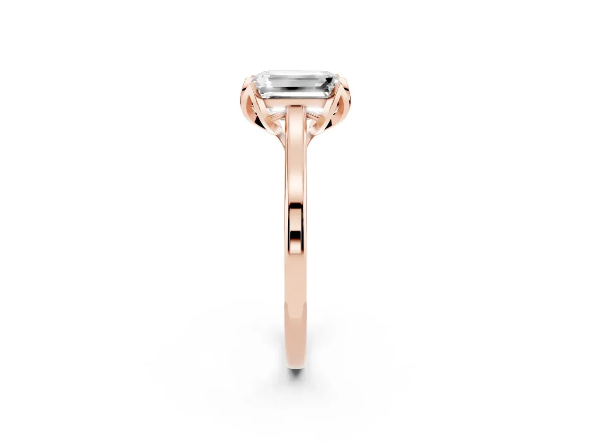 Emerald Cut Diamond Solitaire Ring with Flower Prong Setting and Classic Band Rose gold