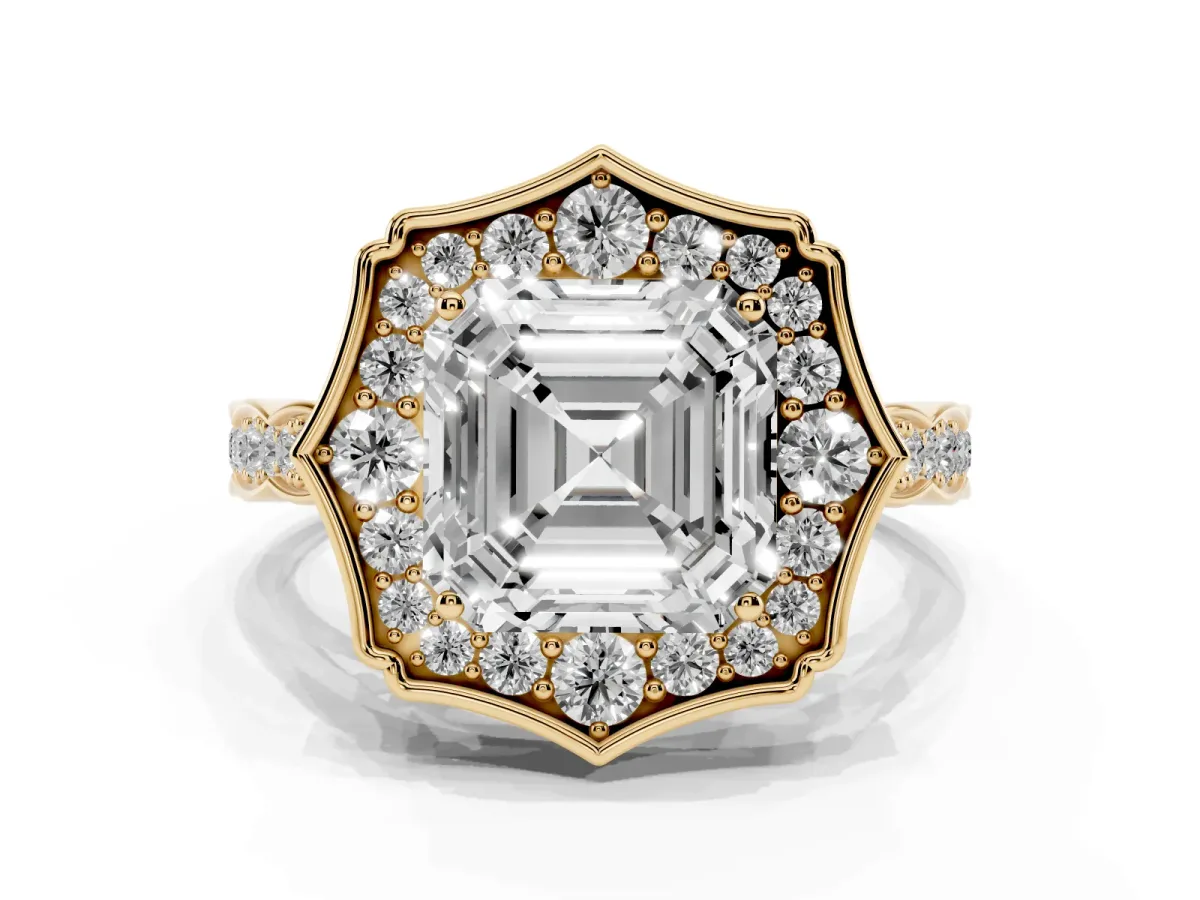 Asscher Cut Halo Diamond Engagement Ring with Milgrain Band and Four-Prong Setting Yellow gold