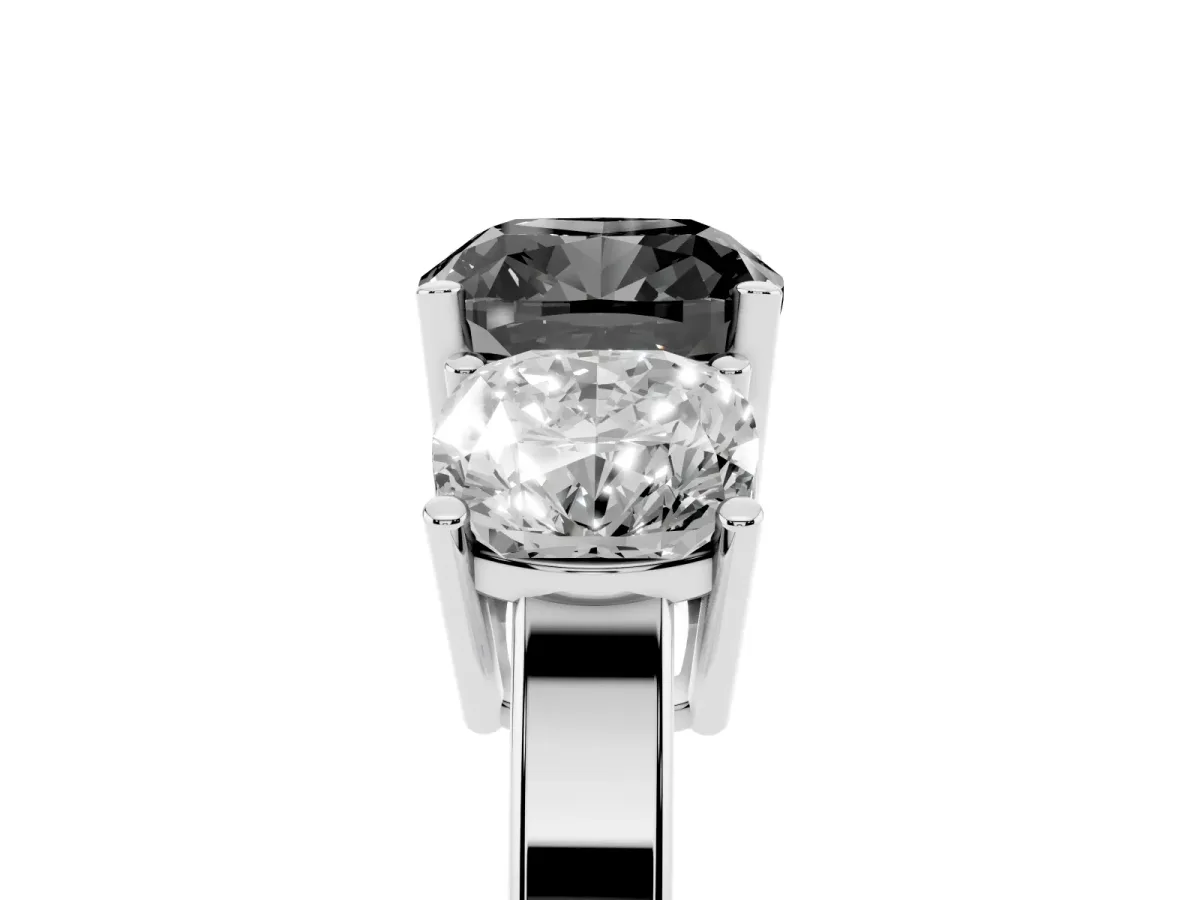 Fancy Black Three-Stone Cushion Cut Cut Diamond Engagement Ring with Flat Band and Four-Prong Setting Silver