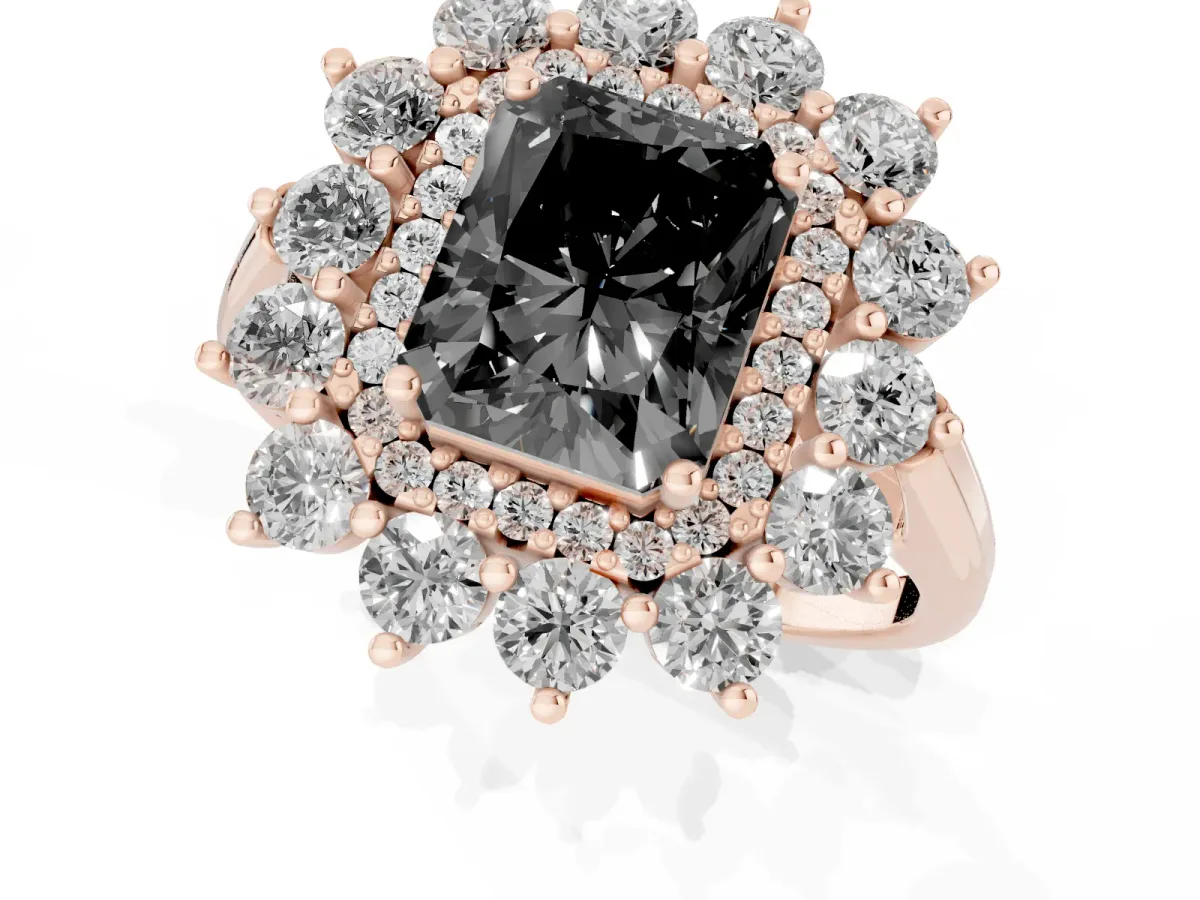 Fancy Black Radiant Cut Diamond Floral Double Halo Engagement Ring with Prong Setting Rose gold