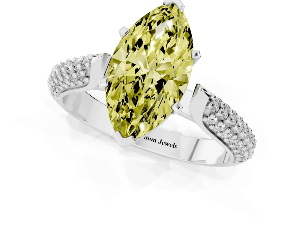 Fancy Yellow Marquise Cut Diamond Solitaire Engagement Ring with Multi-Row Round Pavé Band and Prong Setting Silver