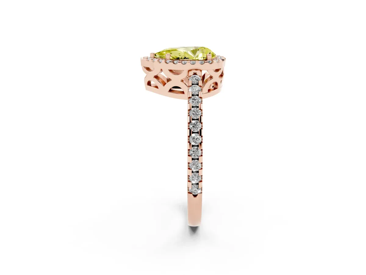 Fancy Yellow Pear Cut Diamond Halo Engagement Ring with Pavé Band and Prong Setting Rose gold
