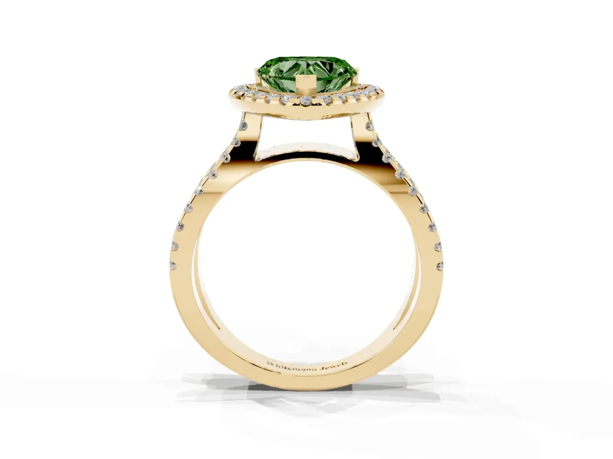 Fancy Green Heart Cut Diamond Halo Ring with Split Shank Pavé Band and Prong Setting Yellow gold