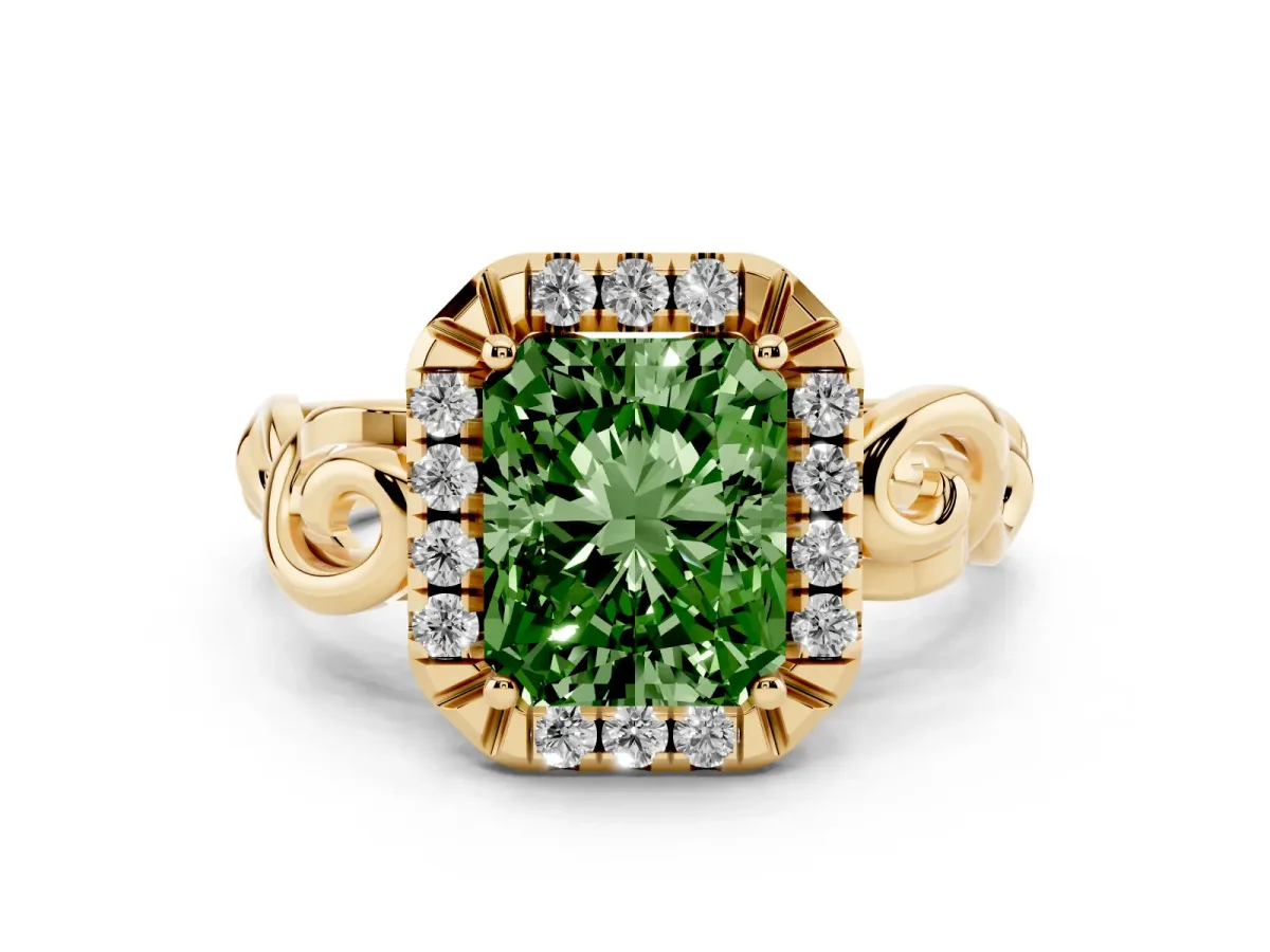 Fancy Green Radiant Cut Cut Halo Diamond Ring with Scrollwork Band and Four-Prong Setting Yellow gold