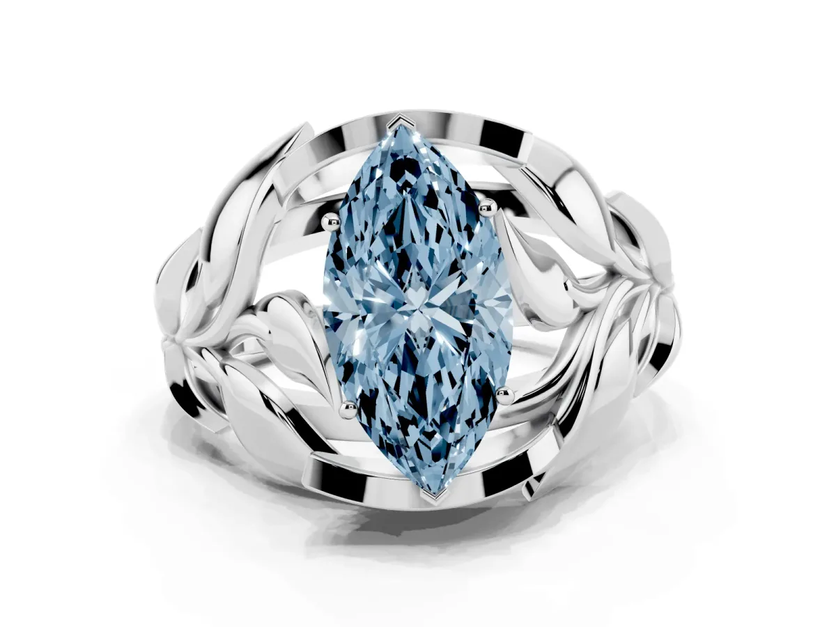 Fancy Blue Marquise Cut Diamond Leaf-Inspired Engagement Ring with Round Accents and Prong Setting Silver