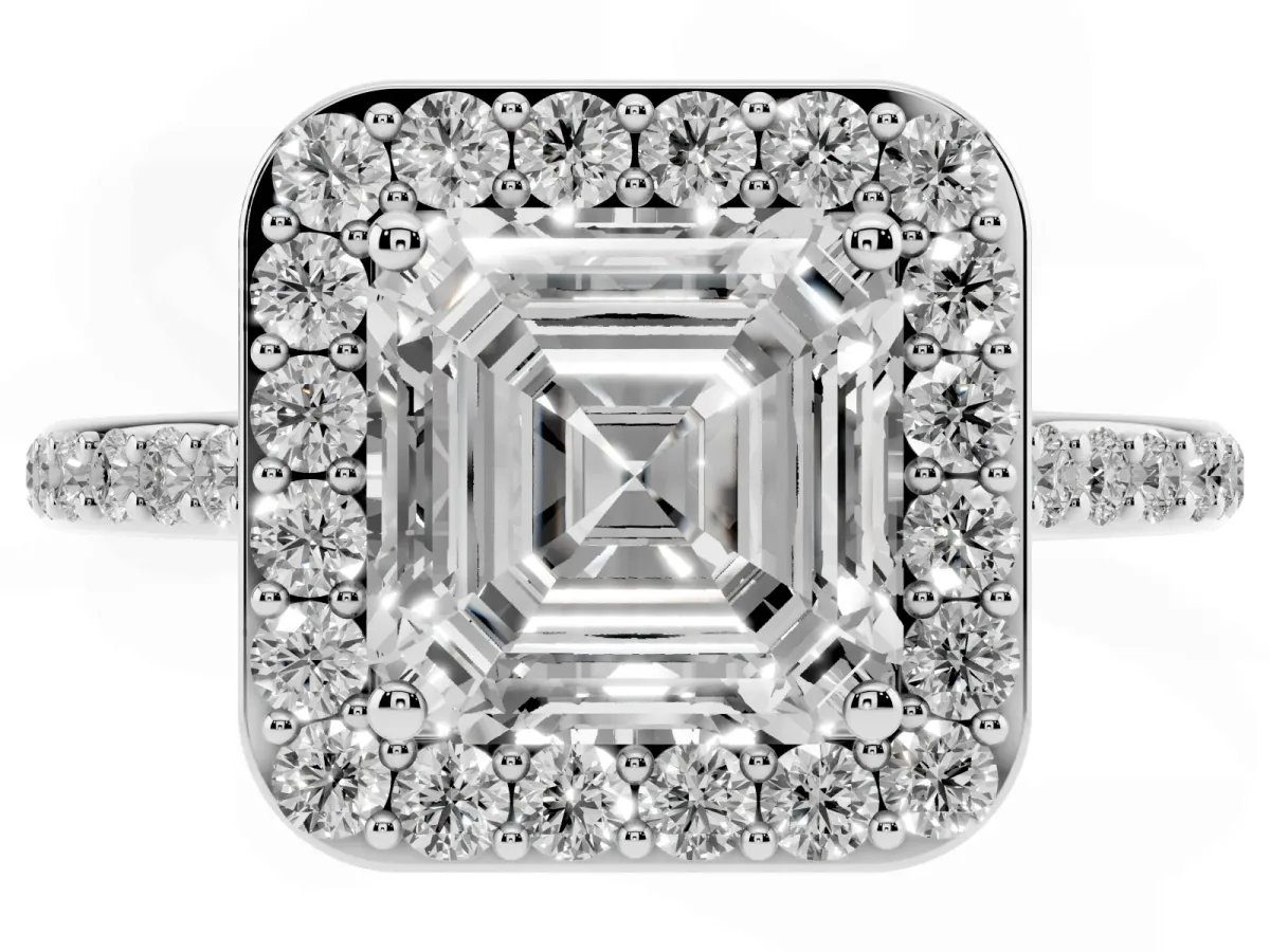 Asscher Cut Diamond Halo Engagement Ring with Round Pavé Shoulders and Prong Setting White gold