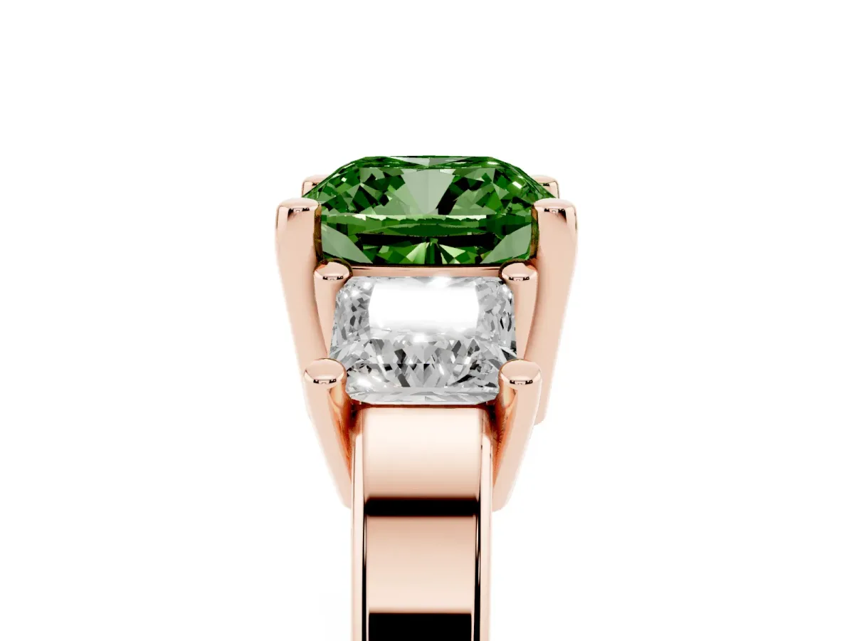 Fancy Green Three-Stone Cushion Cut Cut Solitaire Ring with Prong Setting Rose gold