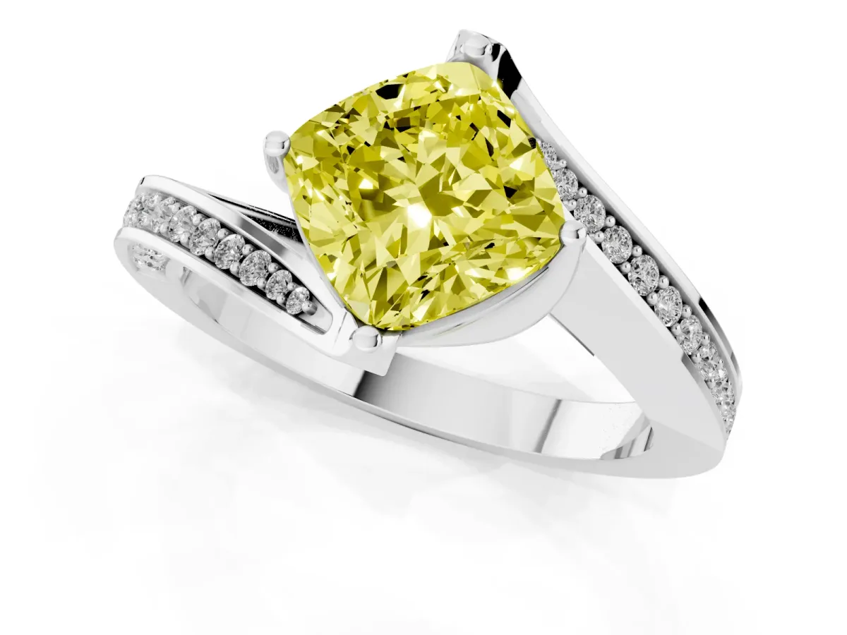 Fancy Yellow Cushion Cut Solitaire Diamond Twist Band with Pavé Setting and Four-Prong Setting White gold