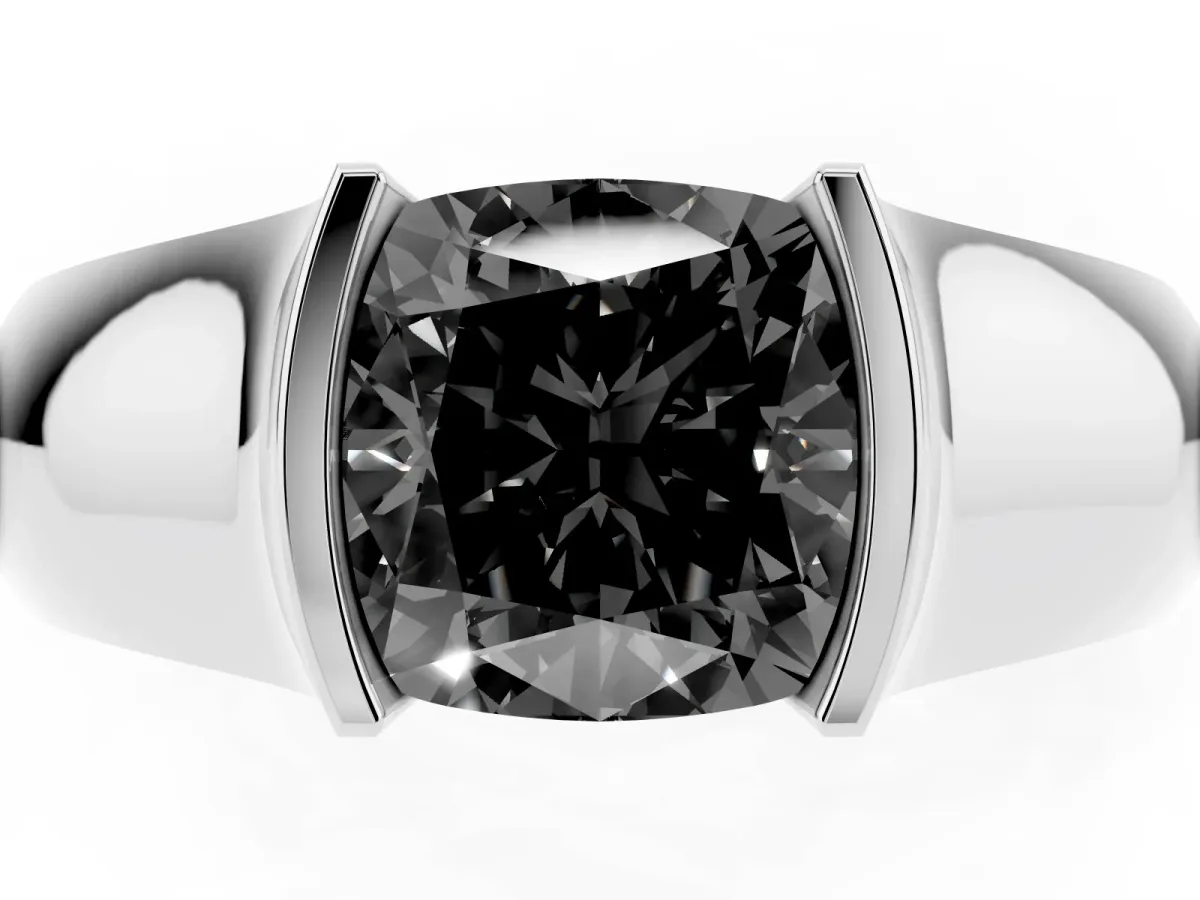 Fancy Black Cushion Cut Solitaire Bezel Set Diamond Ring with Wide Band Platinum
