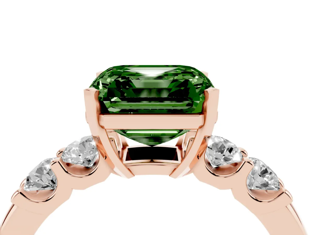 Fancy Green Asscher Cut Brilliant Cut Diamond Five-Stone Prong Set Engagement Ring with Channel Band Rose gold