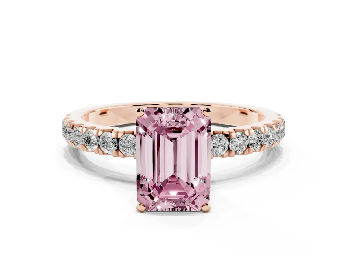 Fancy Pink Emerald Cut Diamond Solitaire Ring with Pavé Accents and Four-Prong Setting Rose gold