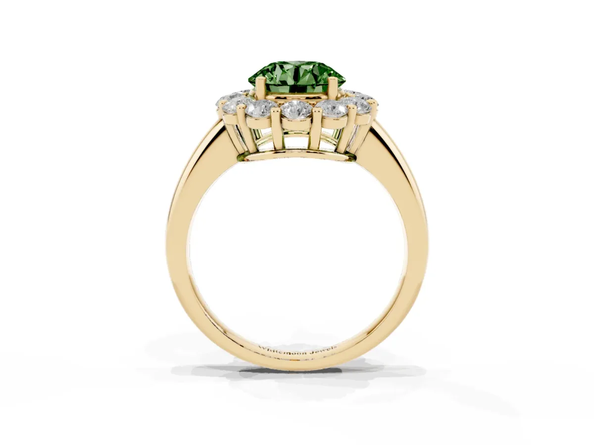 Fancy Green Round Cut Halo Cluster Diamond Engagement Ring with Prong Setting and Polished Band Yellow gold