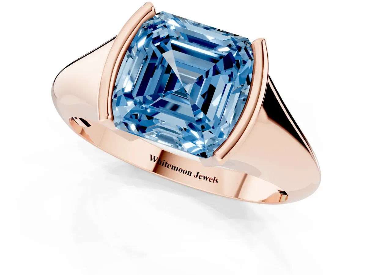 Fancy Blue Asscher Cut Solitaire Tension Set Diamond Ring Rose gold