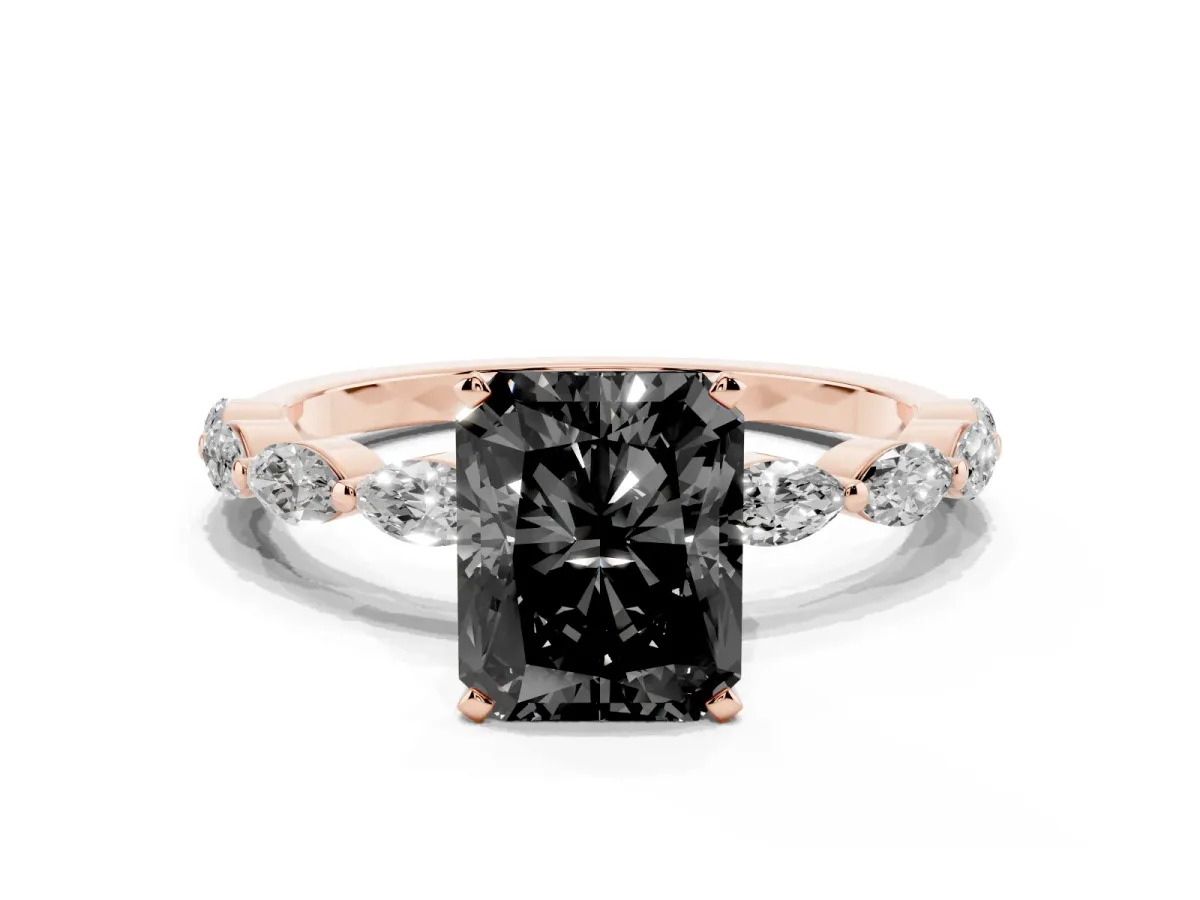 Fancy Black Radiant Cut Diamond Ring with Marquise Side Stones and Prong Setting Rose gold