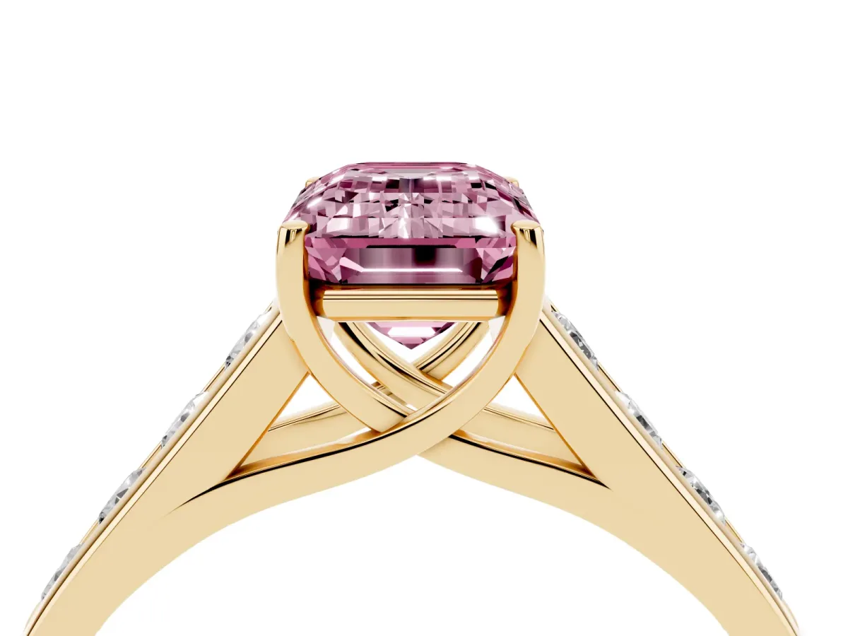 Fancy Pink Emerald Cut Solitaire Channel-Set Diamond Engagement Ring with Four-Prong Setting Yellow gold