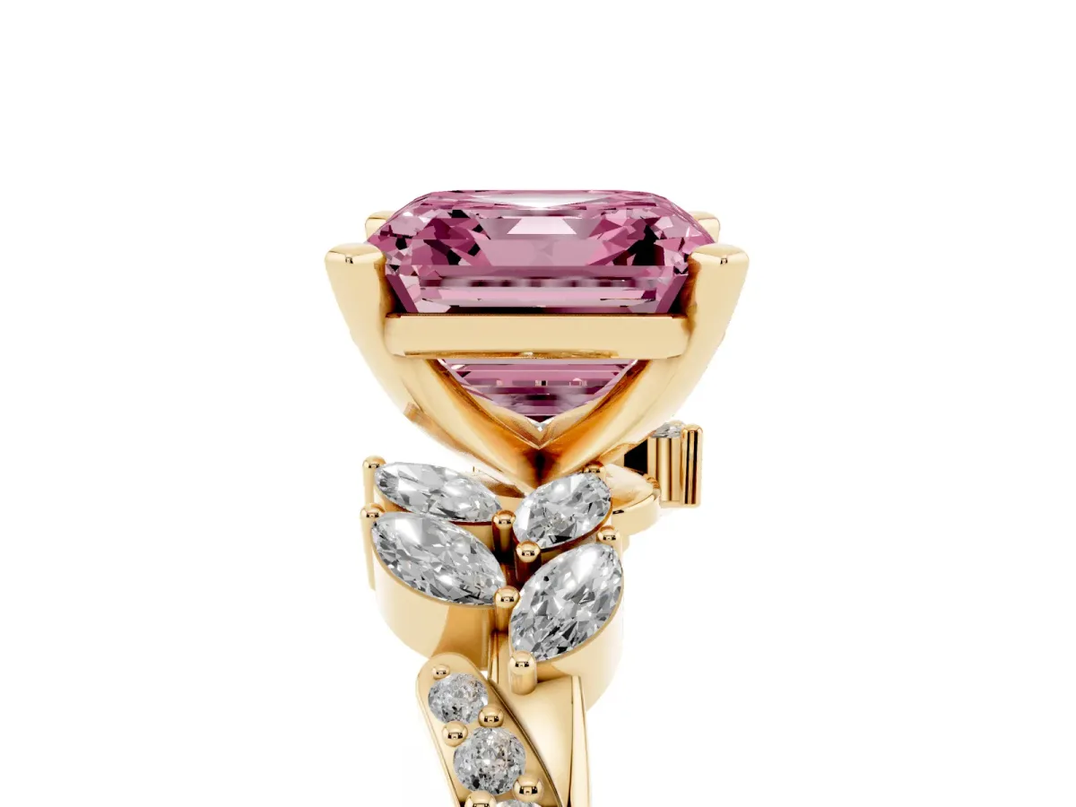 Fancy Pink Asscher Cut Solitaire Marquise Twist Band with Six-Prong Setting Yellow gold