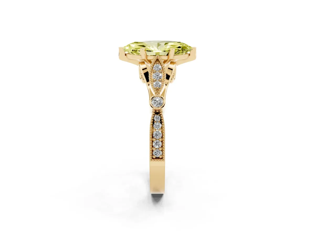 Fancy Yellow Marquise Cut Cut Diamond with Milgrain Marquise and Bezel Accents on a Solitaire Band with Prong Setting Yellow gold