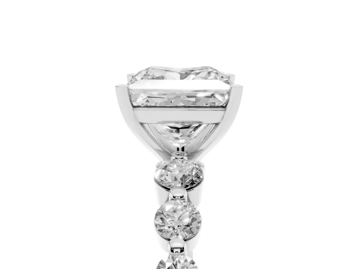 Princess Cut Solitaire Diamond Ring with Pave Band and Four-Prong Setting Silver