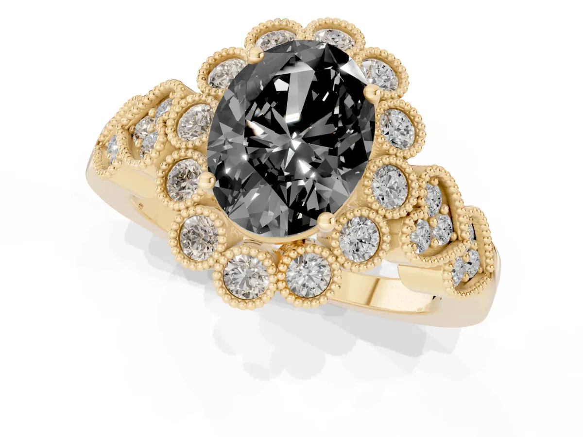 Fancy Black Oval Cut Brilliant Milgrain Pave Heart Band Solitaire Ring Yellow gold