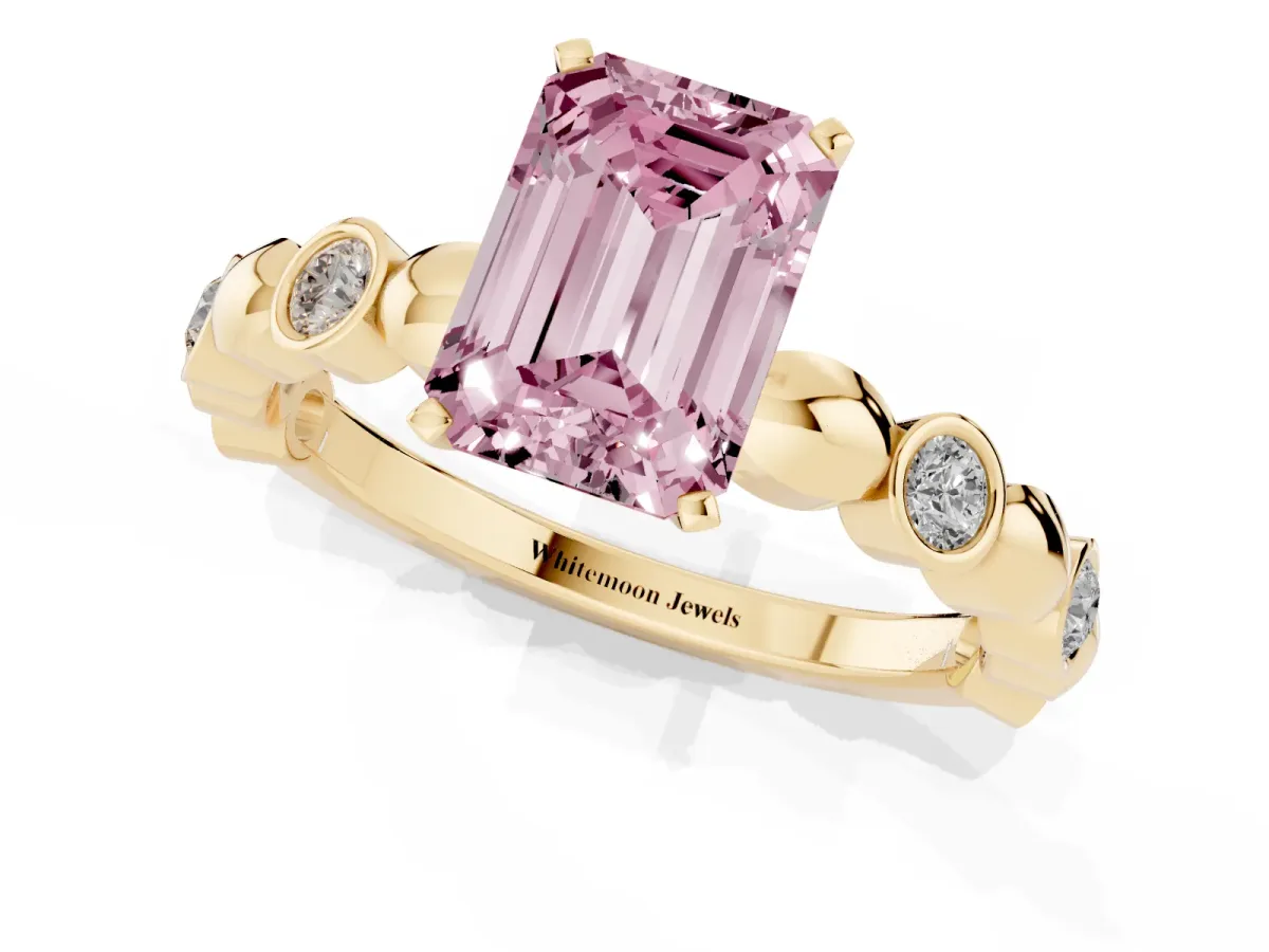 Fancy Pink Emerald Cut Solitaire Bezel-Set Diamond Ring with Beaded Band and Four-Prong Setting Yellow gold