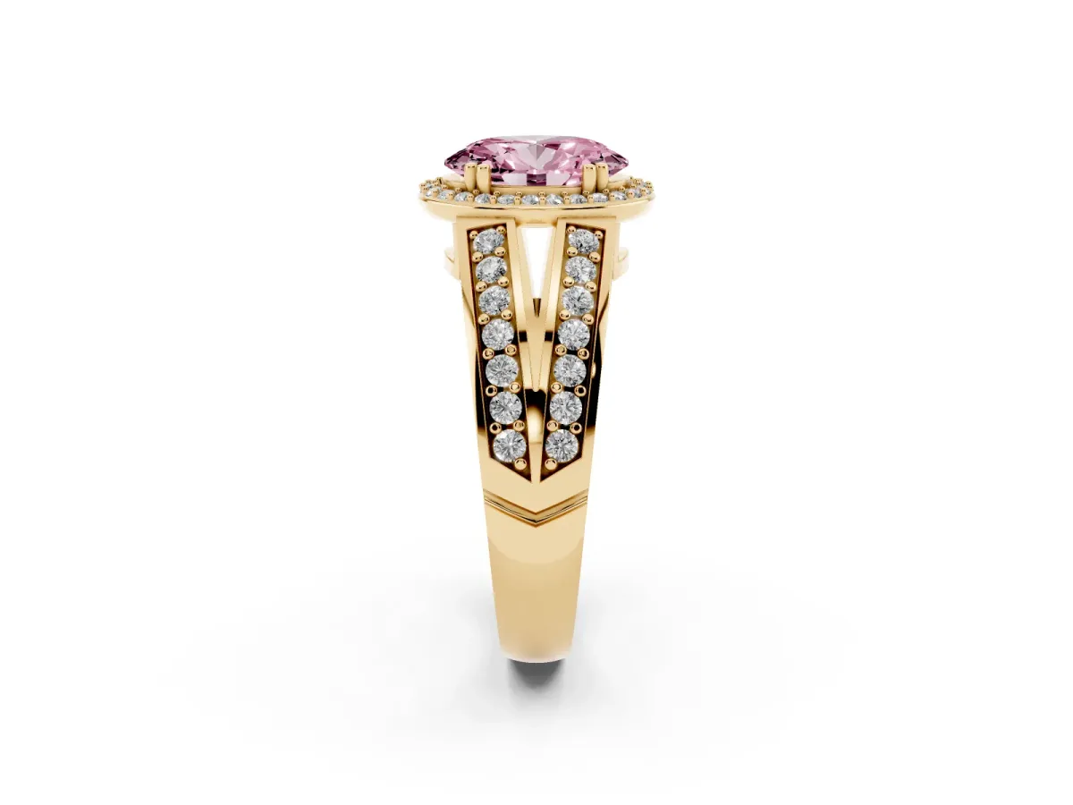 Fancy Pink Oval Cut Diamond Halo Ring with Split Shank Pavé Band and Four-Prong Setting Yellow gold