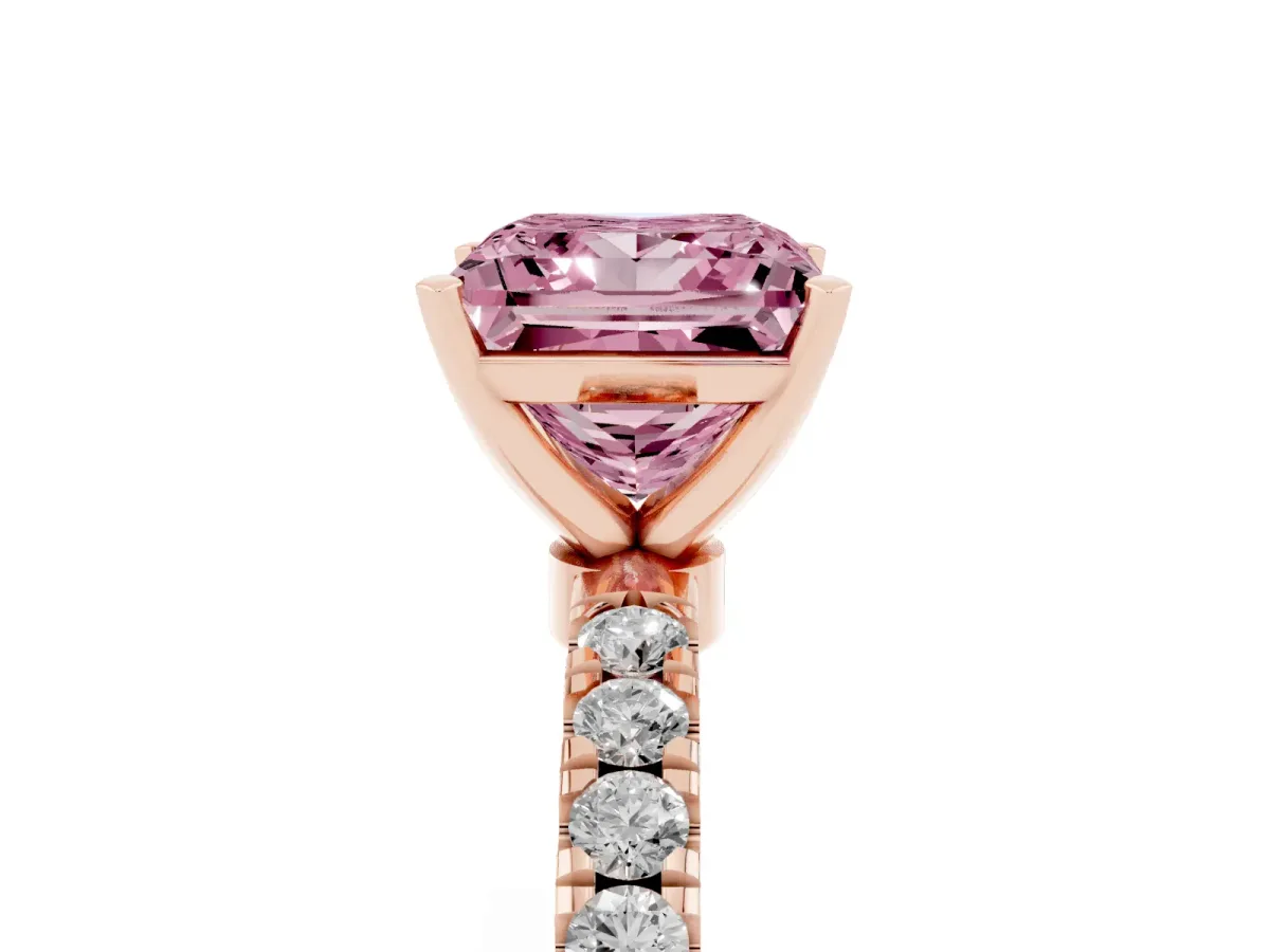 Fancy Pink Princess Cut Diamond Solitaire Ring with Pavé Accents and Four-Prong Setting Rose gold