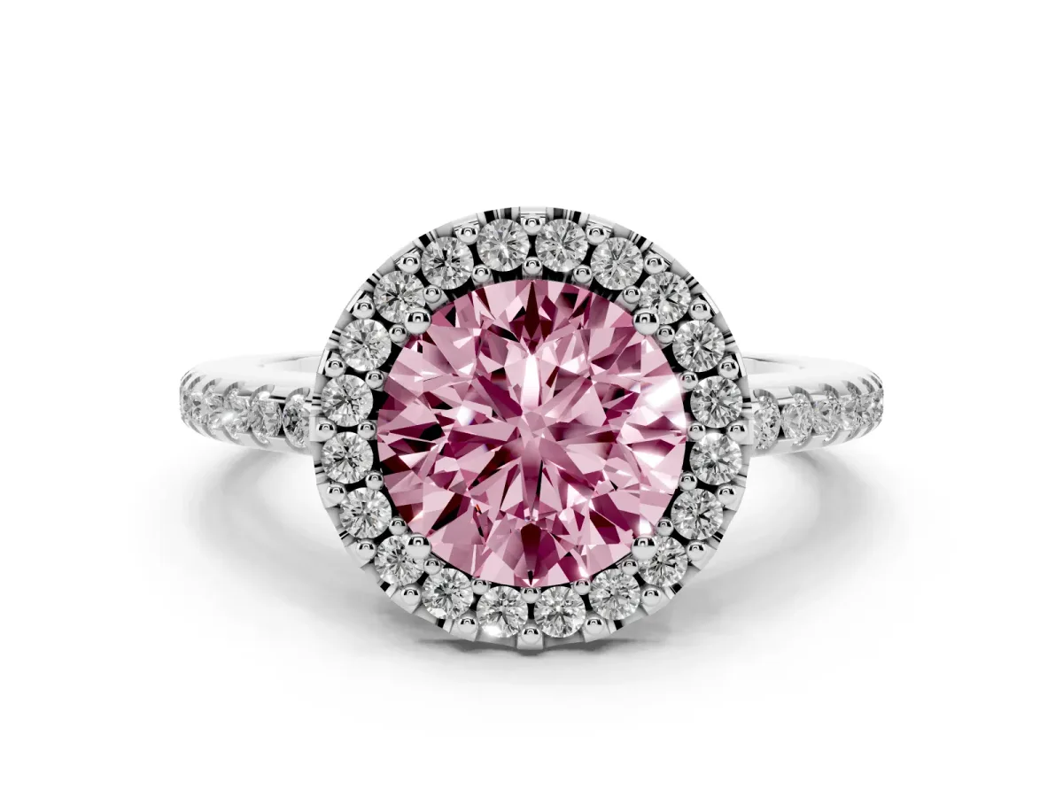 Fancy Pink Round Cut Diamond Pavé Halo Ring with Four-Prong Setting Silver