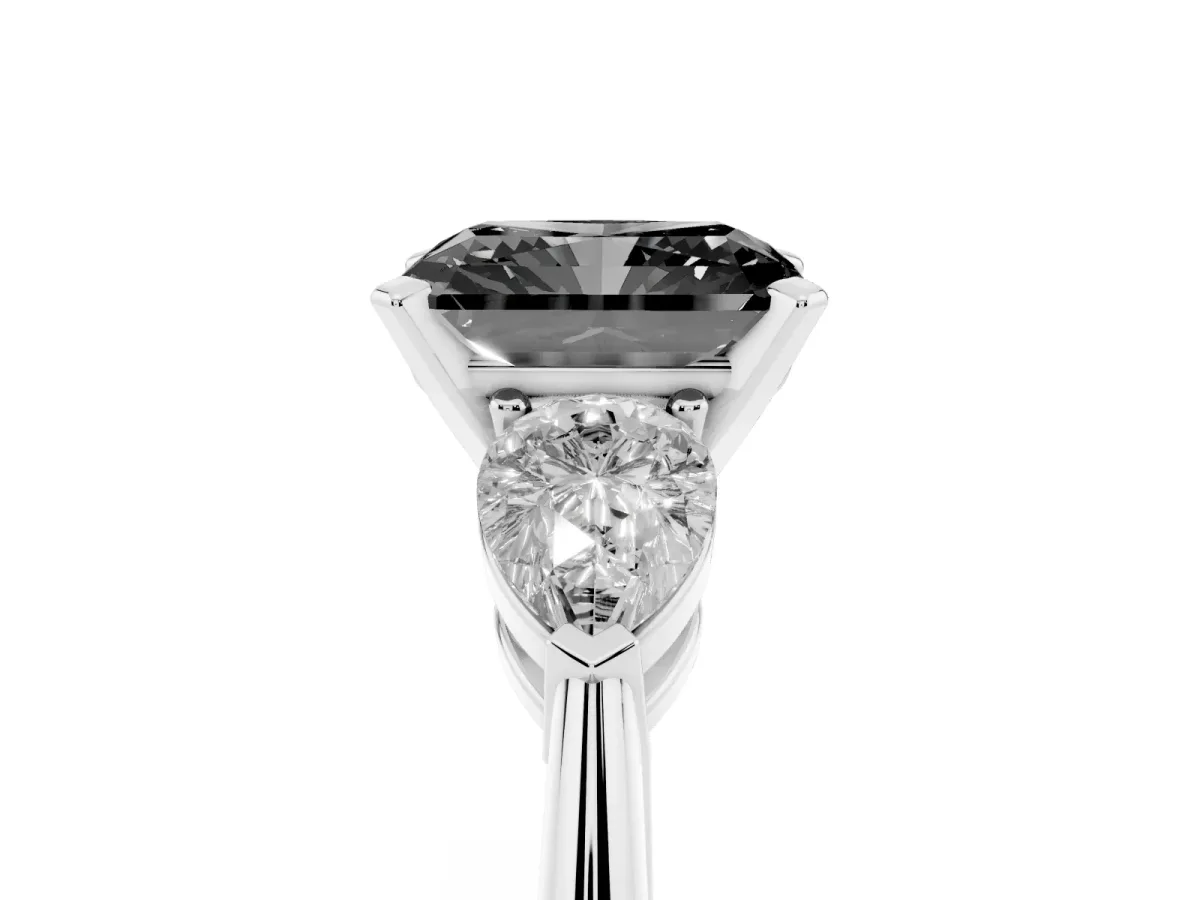 Fancy Black Three-Stone Radiant Cut Diamond Ring with Pear Side Stones and Four-Prong Setting Silver