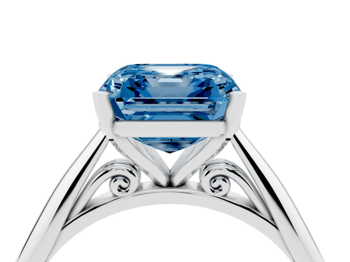 Fancy Blue Asscher Cut Diamond Solitaire Engagement Ring with Cathedral Setting and Four-Prong Mount Silver