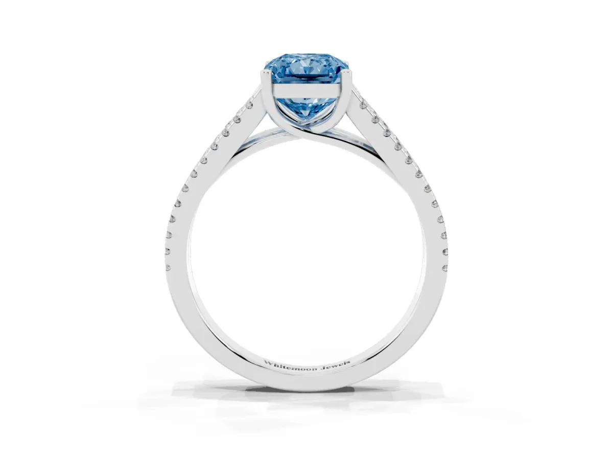 Fancy Blue Radiant Cut Diamond Solitaire Engagement Ring with Split Shank Pavé Band Platinum