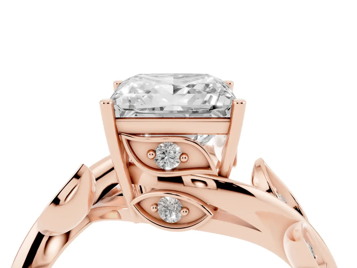 Princess Cut Solitaire Twist Engagement Ring with Leaf Accents and Prong Setting Rose gold