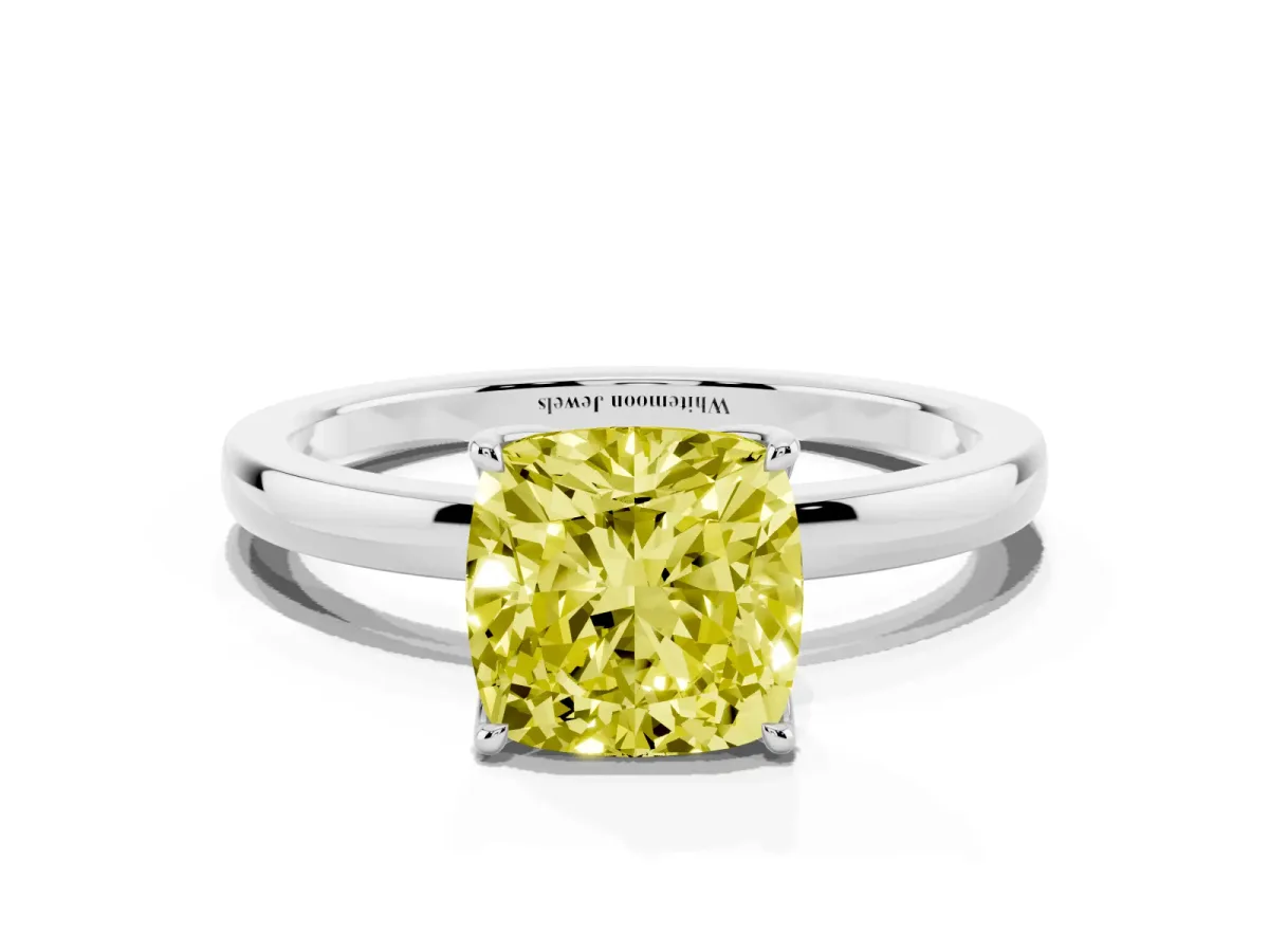 Fancy Yellow Cushion Cut Diamond Solitaire Ring with Thin Band and Prong Setting White gold