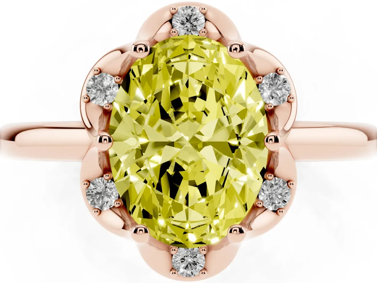 Fancy Yellow Oval Cut Halo Diamond Ring with Round Cluster Setting, Solitaire Band, and Four-Prong Setting Rose gold