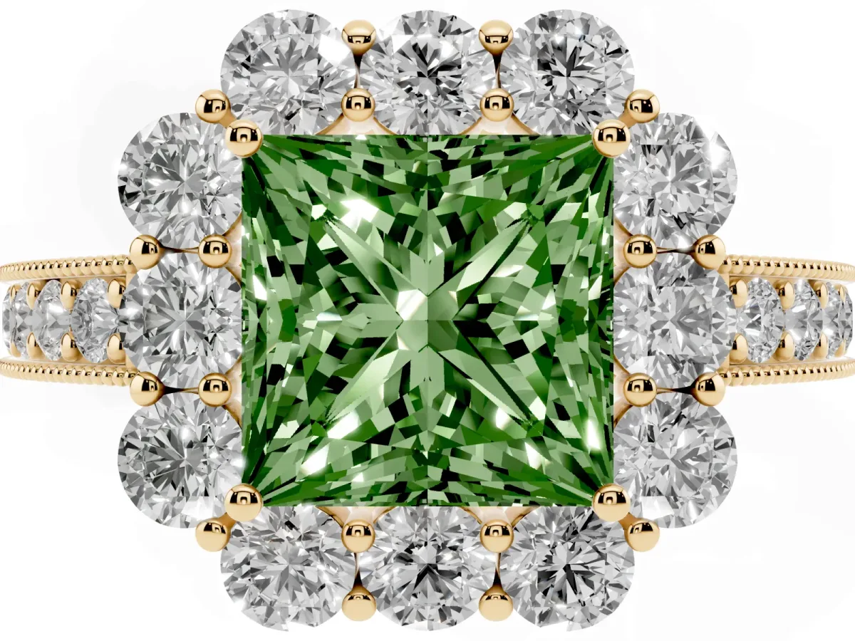 Fancy Green Princess Cut Cut Halo Diamond Pavé Engagement Ring with Milgrain Detailing Yellow gold