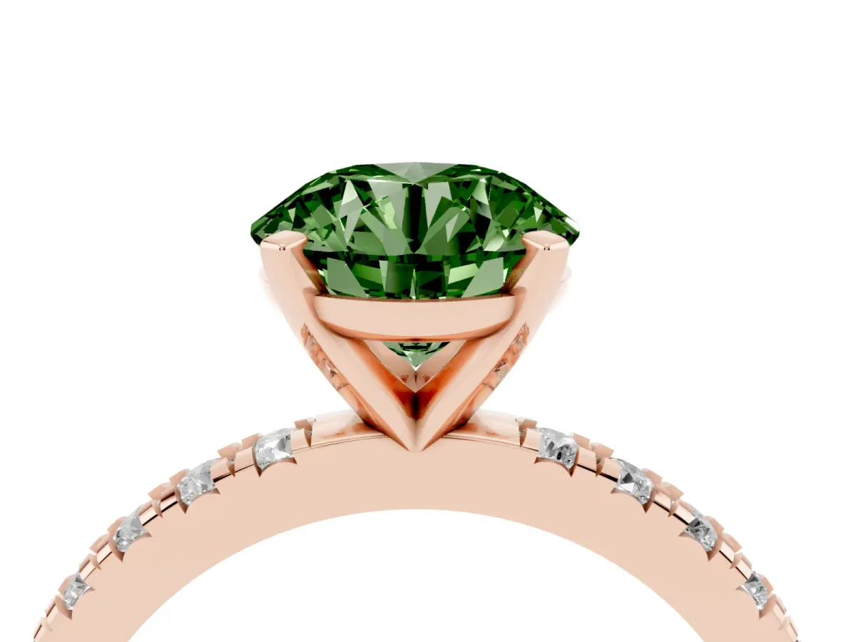 Fancy Green Round Cut Diamond Pavé Band Solitaire with Four-Prong Setting Rose gold