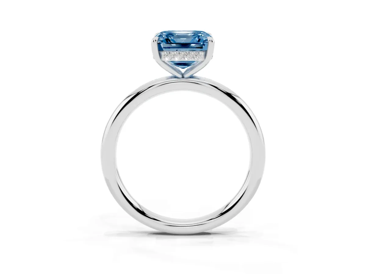 Fancy Blue Asscher Cut Diamond Solitaire Ring with Thin Band and Four-Prong Setting Silver