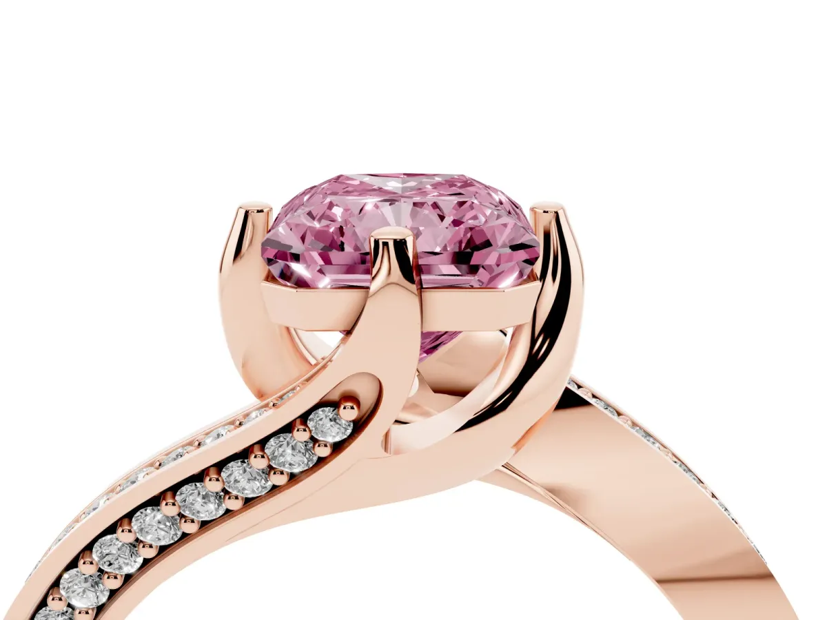Fancy Pink Radiant Cut Solitaire Diamond Twist Band with Pavé Setting and Four-Prong Setting Rose gold